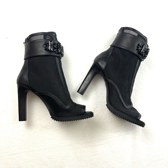 Karl Lagerfeld Black Rhinestone Peep Toe Mesh Zip Heeled Ankle Booties (7) - Picture 1 of 16